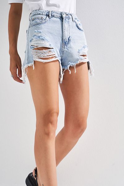 its basic Women's Ice Denim Color 12S5-3 Mini Size High Waist Curved Ripped Detailed Tasseled 100% Cotton Denim Shorts