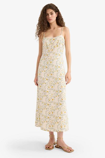 DeFacto Floral Linen Blend Strap Midi Dress F4098Ax25Sm