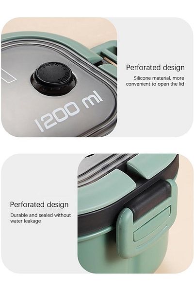Choice 2 Green 1200ml 2 Layer Bento Lunch Box With Spoon Fork, Kid High Capacity Microwae Food Containers
