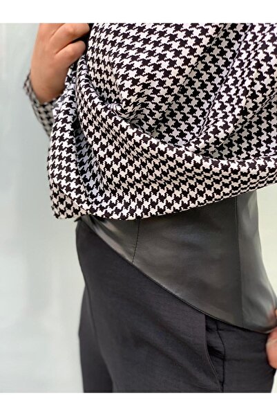 AYHAN Leather Detailed Crow's Feet Patterned Blouse