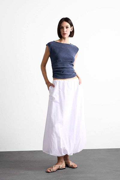 DeFacto Round Neck Draped Basic Plain Blouse F7491Ax25Sm