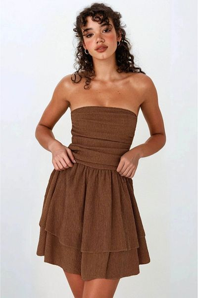 OLSAMODA Women's Textured Fabric Skirt Double Layer Drape Detail Strapless Dress