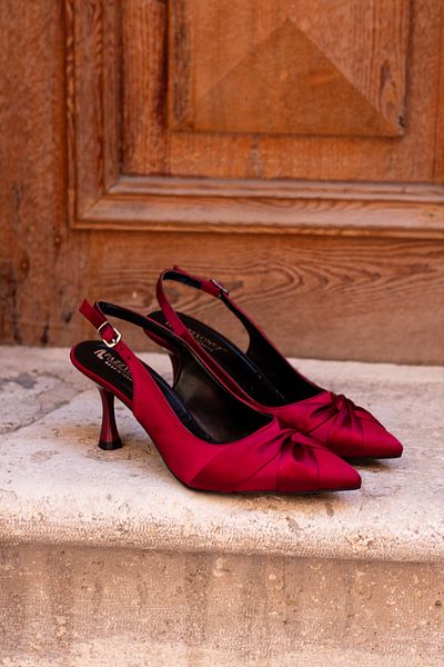 Pazzyonez Women's Burgundy Mais Satin Front Knot Detail Evening Dress Sitiletto Classic Heeled Shoes