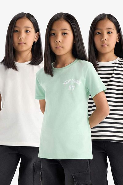 DeFacto Girl's Relax Fit Crew Neck 3-Piece Short Sleeve T-Shirt D9432A825Sm
