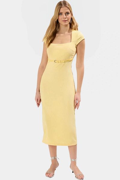 PayBuy Elegant Belted Midi Dress Woven Fabric Perfect Fit for Business and Daily Use High Quality