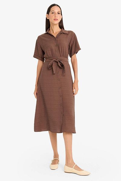 DeFacto Shirt Collar Belted Short Sleeve Midi Black Summer Dress F2113Ax25Sm