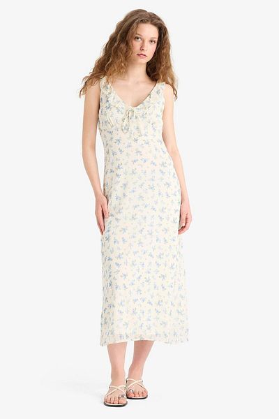 DeFacto V Neck Floral Chiffon Sleeveless Midi Summer Dress F2007Ax25Sm