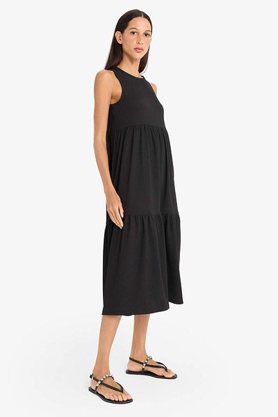 DeFacto Crew Neck Wrinkle Sleeveless Midi Black Summer Dress A8841Ax25Sm