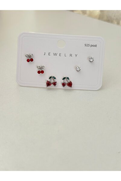 mibrillo 925 ayar gümüş minimal kiraz 6lı küpe seti