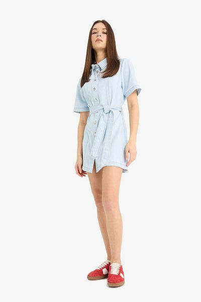DeFacto Mini rochie din jean cu mânecă scurtă, cu guler polo, cu nasturi, cu centură E1287ax25sm