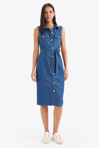 DeFacto Shirt Collar Belted Soft Jean Midi Dress E1286Ax25Sm