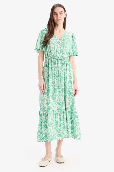 DeFacto V-Neck Floral Print Lace-Up Short Sleeve Midi Summer Dress D2835Ax25Sm