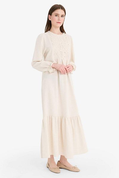 DeFacto Rochie maxi cu mânecă lungă din amestec de in, cu decolteu, Relax Fit F1384ax25sm