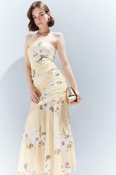 DeFacto Rochie maxi din tul cu imprimeu floral, fără bretele, cu corp mulat, mulat F5577AX25SM