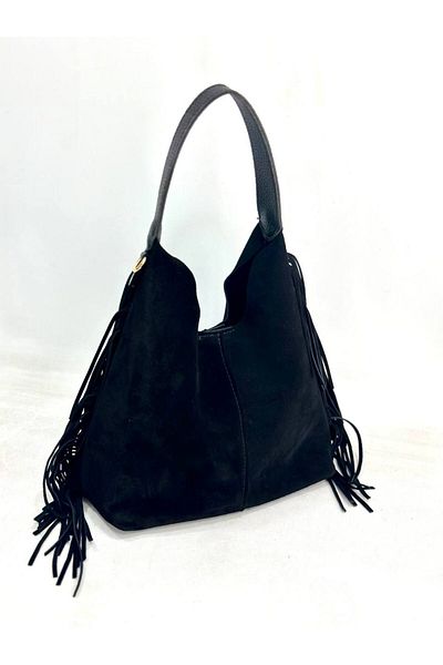 My Easy Shop Geanta de dama din piele intoarsa autentica - PIELE cu detaliu ciucuri