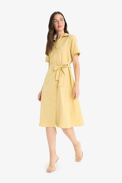 DeFacto A-Line Shirt Collar Belted Poplin Short Sleeve Midi Dress E7114Ax25Sp