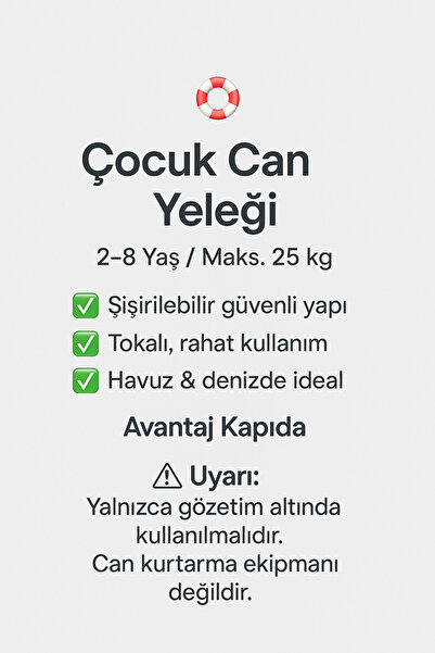 Avantaj Kapıda 2-8 Yaş Şişme Çocuk Desenli Can Yeleği Tokalı 25 kg Yüzme Güvenlik Deniz Havuz Şişirilebilir