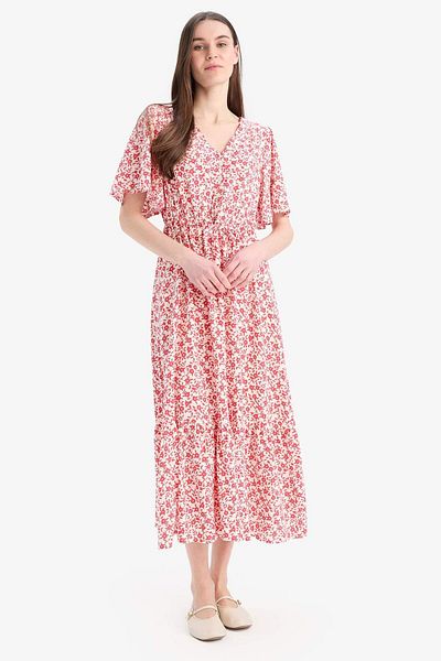DeFacto V-Neck Floral Print Lace-Up Short Sleeve Midi Summer Dress D2835Ax25Sm