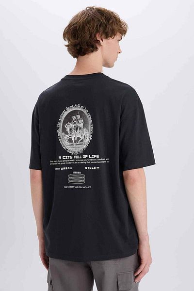 DeFacto 100% Cotton Boxy Fit Crew Neck Back Printed Short Sleeve T-Shirt E4544Ax25Sm