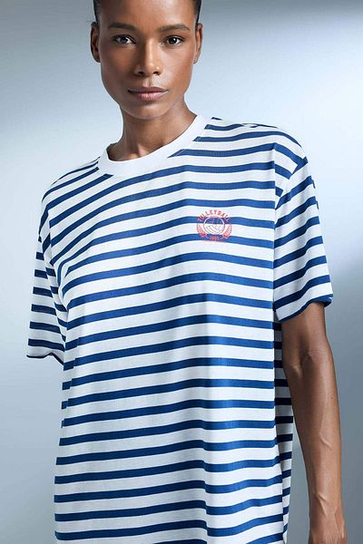 DeFacto Fit Oversize Wide Fit Crew Neck Striped Printed Sports Short Sleeve T-Shirt E2782Ax25Sm