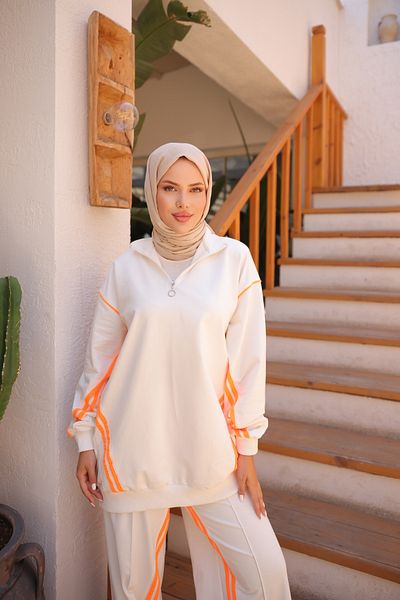 Wovi طقم بدلة رياضية نسائية بياقة مزدوجة وسحاب