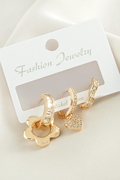 ZERO LAND Hn-Shop 3 Pieces Flower Zircon Stone Earrings-Yellow