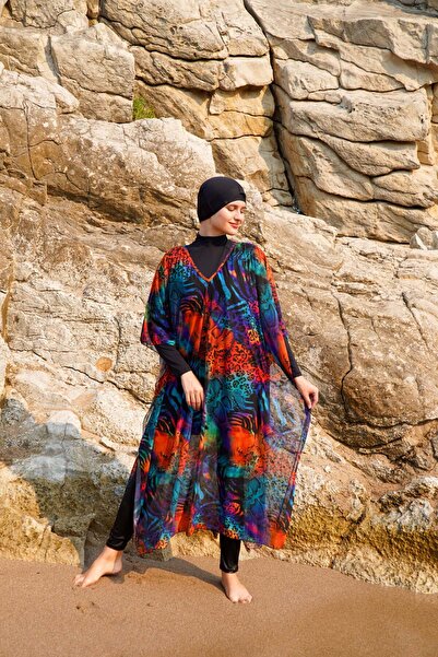 vawensea Kadın Tesettür Mayo Üzerine V Yaka Kaftan Pareo Leopar Desenli