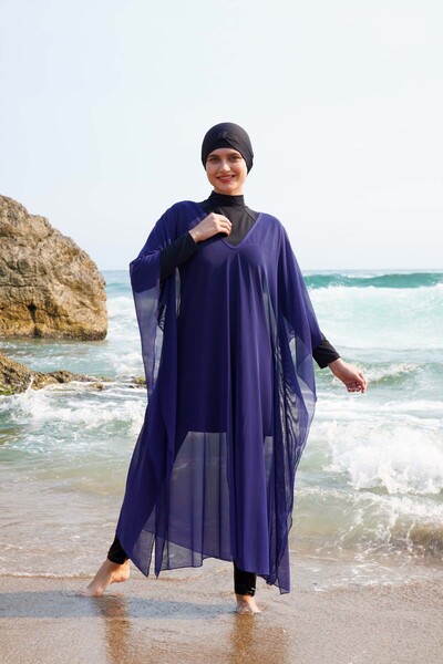 vawensea Kadın Tesettür Mayo Üzerine V Yaka Kaftan Pareo Lacivert