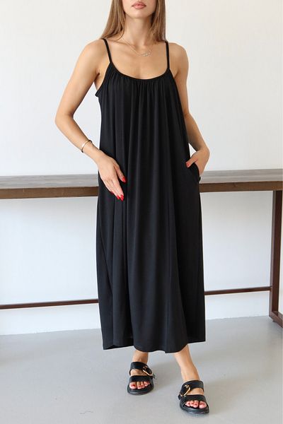 Mogi Butik Women's Collar Gathered Detailed Pocket Strap Combed Cotton Dress 3092