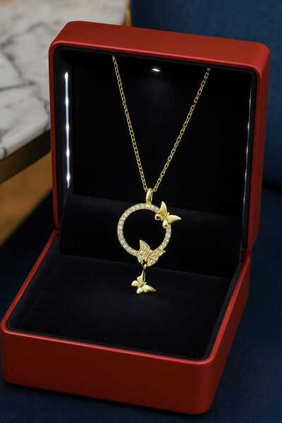 KAR DİAMOND 14 Ayar Altın Zincirli Zirkon Taşlı Kelebek Modeli Kolye - Işıklı Kutu Hediye