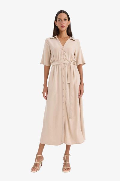 DeFacto Shirt Collar Belted Short Sleeve Midi Summer Dress F1825Ax25Sm