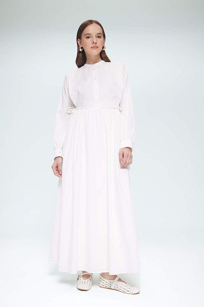 DeFacto Relax Fit Crew Neck Belted Poplin Μακρυμάνικο Maxi Hijab Φόρεμα F1382ax25sm