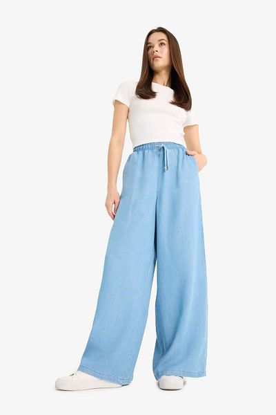 DeFacto New Season Pull on Wide Leg High Waist Long Soft Jean Washed Trousers