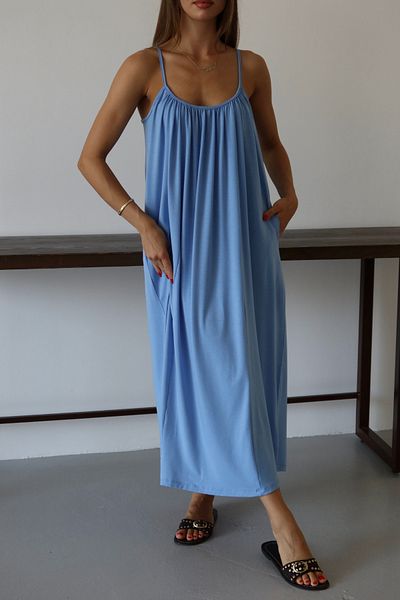 Mogi Butik Women's Collar Gathered Detailed Pocket Strap Combed Cotton Dress 3092