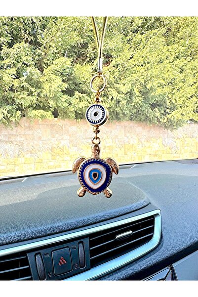 Azrua Ornament pentru oglindă auto cu broaște de mare albastru aurit, cu mărg...