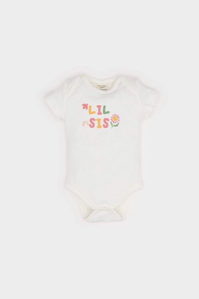DeFacto Baby Girl Newborn Crew Neck Printed Ribbed Short Sleeve Snap Body E8244A525Sm