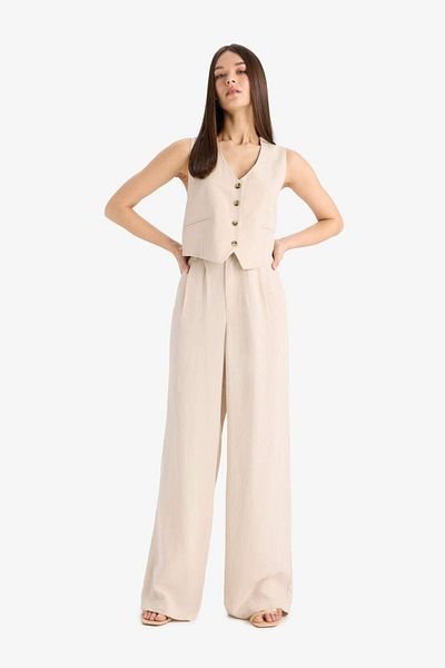 DeFacto Pantaloni largi din amestec de in, talie normală, picioare late, cu buzunare, cu fermoar, mărime standard E6210AX25SP