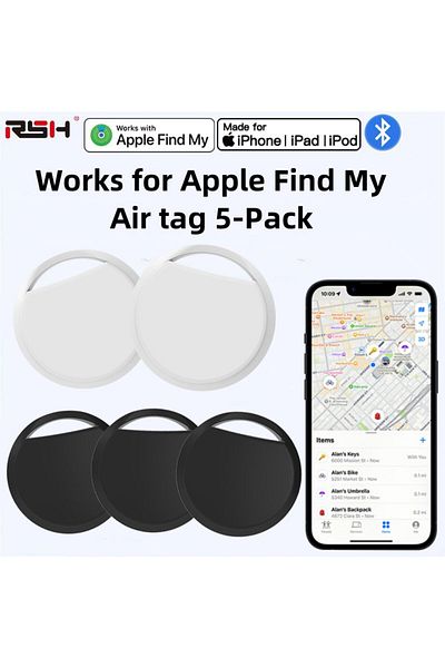 Choice 5 قطع - 2 أبيض - 3 أسود - عبوة من 5 قطع من علامة الهواء الذكية (نظام التشغيل iOS فقط)، تعمل مع Apple Find My (نظام التشغيل iOS فقط)، نظام تحديد المواقع العالمي (GPS)