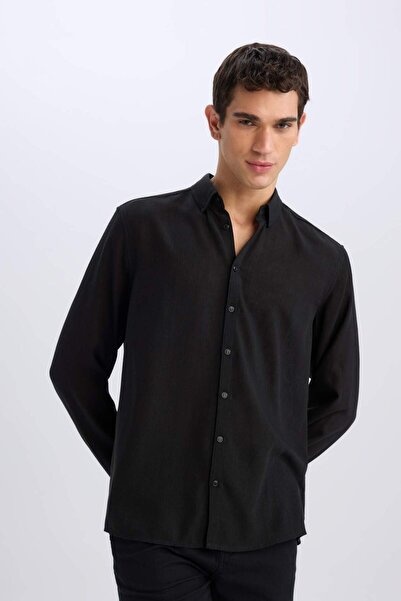 DeFacto Regular Fit Polo Yaka Keten Görünümlü Uzun Kollu Siyah Gömlek E1204ax25sm