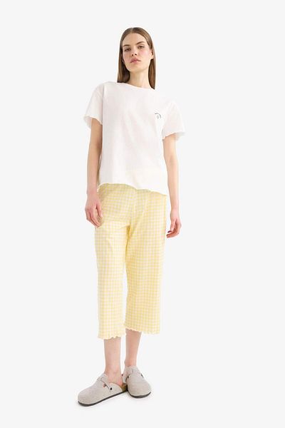 DeFacto Pajama Sets Short Sleeve Top Flexible Waisted Long Bottom-Fall in Love F1595Ax25Sm