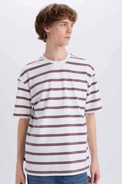 DeFacto 100% Cotton Boxy Fit Crew Neck Striped Short Sleeve T-Shirt E1160Ax25Sm