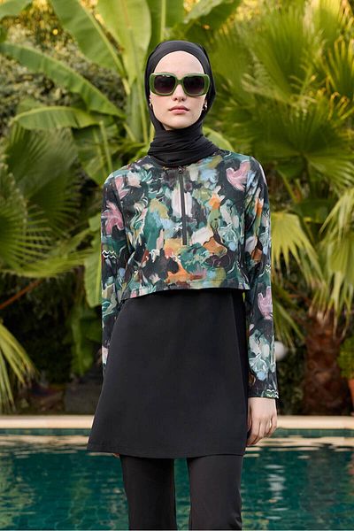 BE BLUE Comfortable Fit - Brush Patterned Hijab Swimsuit Dress