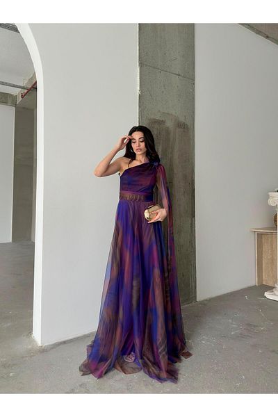 Serica Moda Saks Blue Shoulder Shawl Floral Λεπτομερές μακρύ βραδινό φόρεμα