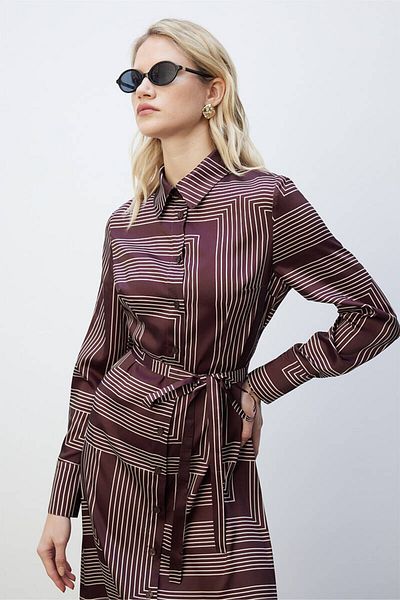 BE BLUE Red Coffee Minimal Patterned Shirt Dress
