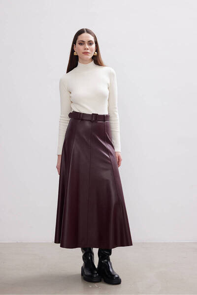 BE BLUE Claret Red Leather Skirt