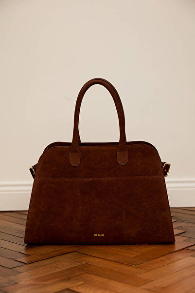 BE BLUE Suede Tote Bag with Brown Belt