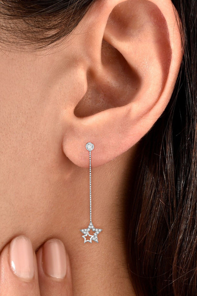 jelux silver Gümüş 925 Ayar Starlight Zirkon Taşlı Zincirli Küpe