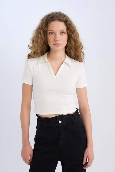 DeFacto Fitted Polo Neck Basic Plain Ribbed Camisole Short Sleeve T-Shirt A0379Ax25Sm