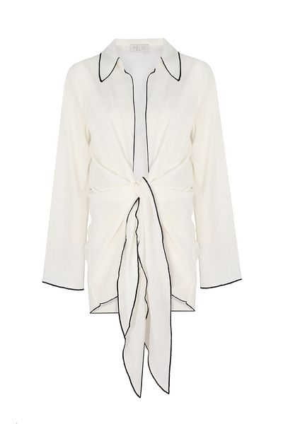PELIA Gaia White Black Stitching Tie-Up Shirt Dress
