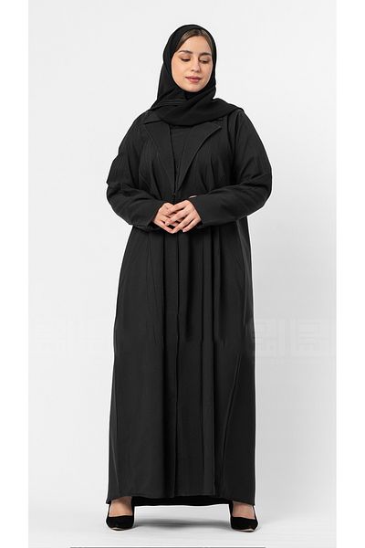 outline Practical black crepe abaya with sleeves and thumbhole